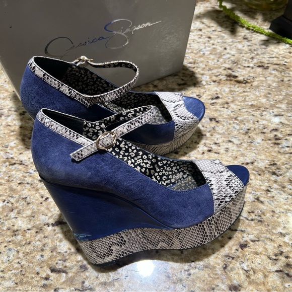 ❗️SALE❗️Jessica Simpson Royal Blue & Snakeskin Wedge Heels 9.5M - Picture 3 of 11